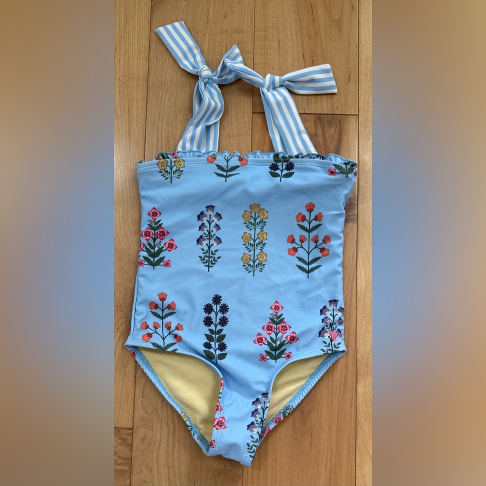 Pink Chicken Floral Blue Swimsuit with Striped Straps 4Y VGUC